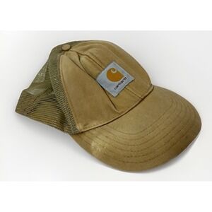 VINTAGE Carhartt Hat Cap Snap Back Tan Mesh Trucker Patch Made USA made Mens 90s